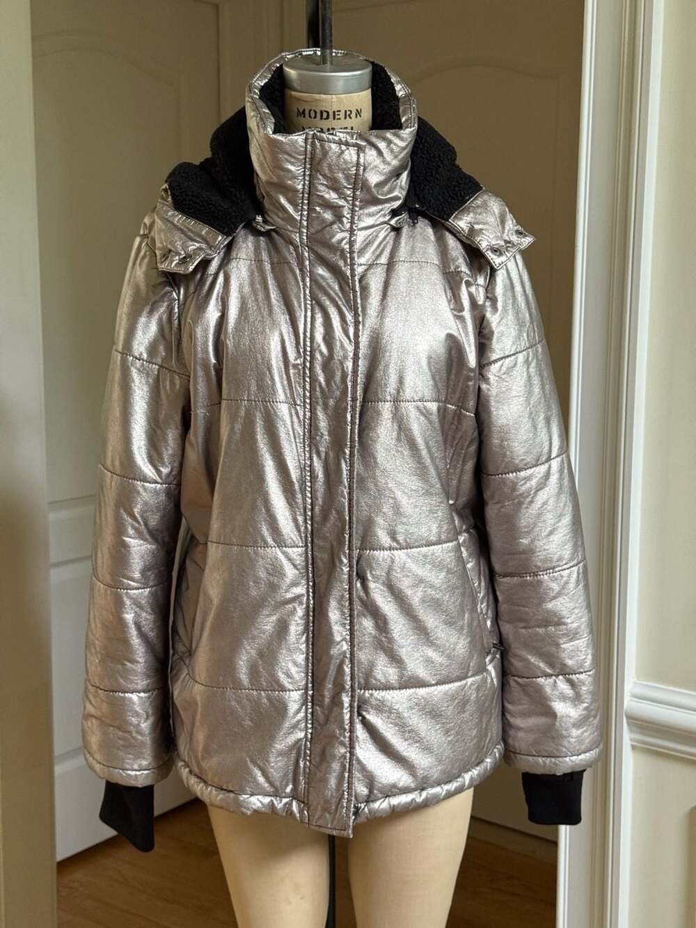 Avec Les Filles Silver Metallic Puffer Jacket